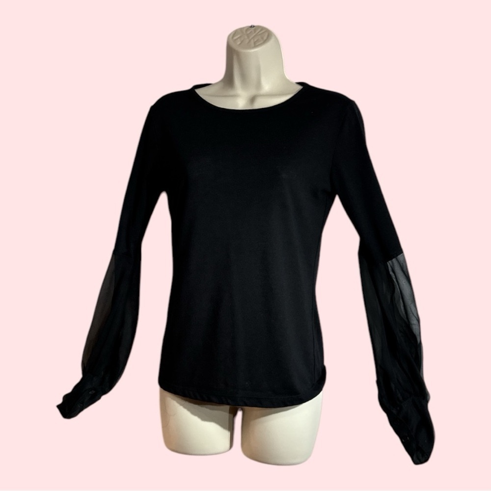 Newport News Easy Style Upgraded Black Long Sheer Sleeve Top Size Medium
